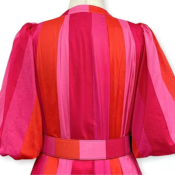 J.Marie Puffed Sleeve Belted Shirt Dress The Rae Pink Orange Stripes Size S - Picture 8 of 11